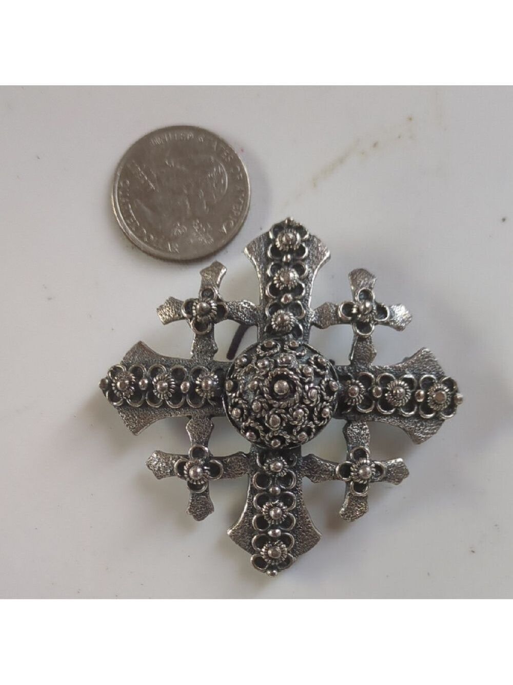 Jerusalem Cross Brooch Pin/Pendant Silver Tone Floral Ornate Vintage - Picture 5 of 7